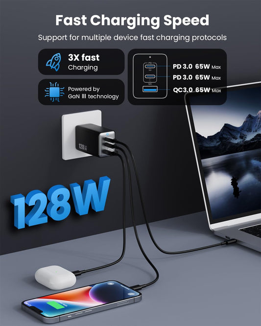 128W GaN 3-Port USB-C Fast Charger – Foldable Travel Charging Block for Laptop & Phone