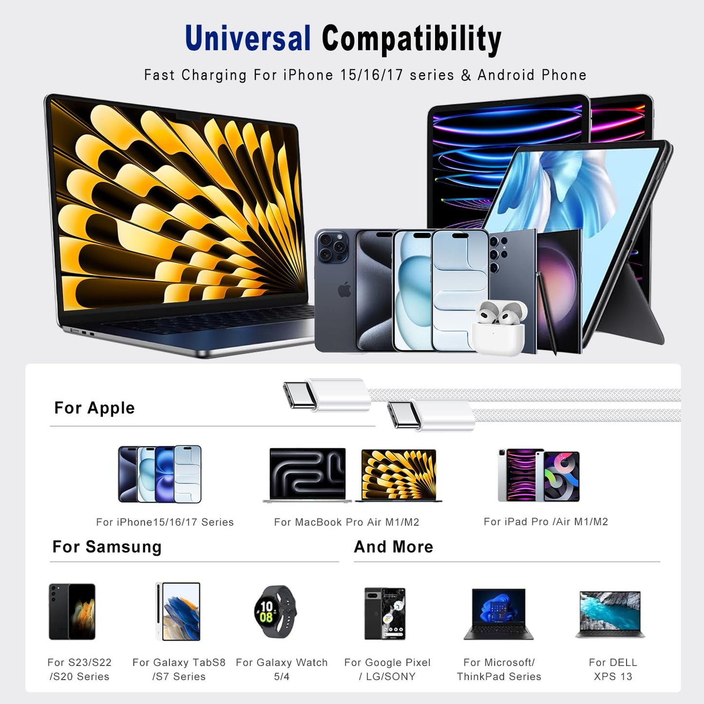 60W Fast Charging USB-C Cable (3FT, 2-Pack) – Braided Durable USB-C Charger Cord