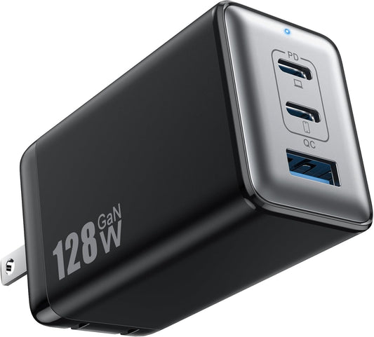 128W GaN 3-Port USB-C Fast Charger – Foldable Travel Charging Block for Laptop & Phone