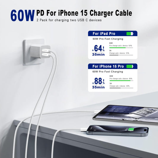 60W Fast Charging USB-C Cable (3FT, 2-Pack) – Braided Durable USB-C Charger Cord